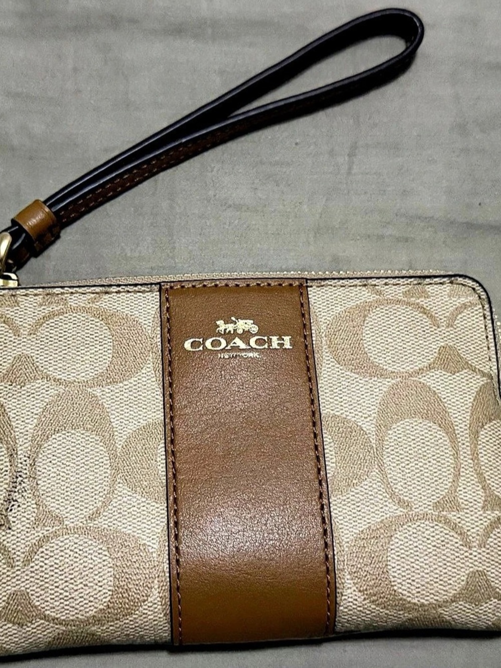 Coach Corner Zip Wristlet In Signature Canvas With Stripe Beige & Brown